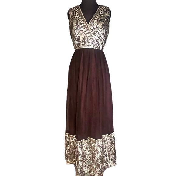 Vtg 60s Silk Chiffon Gold Metallic Brocade Regency Glam Dress Sz S Old Hollywood - Picture 1 of 8